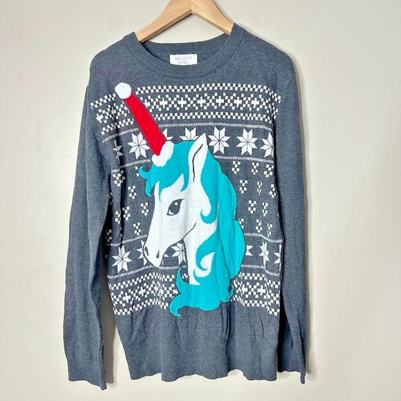Mighty Fine Womens Sweater Small Holiday Unicorn Santa Ugly Christmas Snow Flake - Picture 1 of 7
